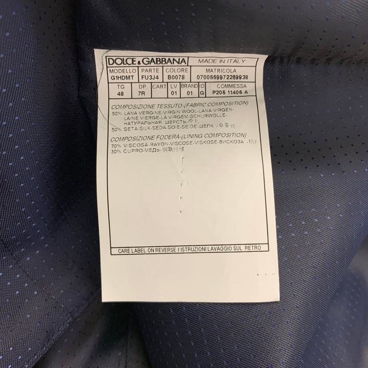 DOLCE & GABBANA Size 38 Regular Blue Wool / Silk Peak Lapel 3 Piece Suit
