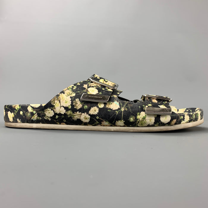 GIVENCHY S/S 15 Size 10 Black & White Floral Leather Belted Sandals