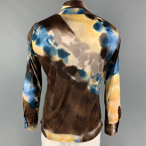 Vintage OLEG CASSINI Size L Brown Blue Marbled Nylon Long Sleeve Shirt