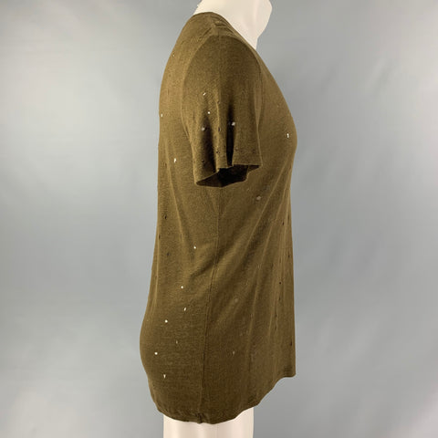 IRO Size M Olive Distressed Linen Crew-Neck T-shirt