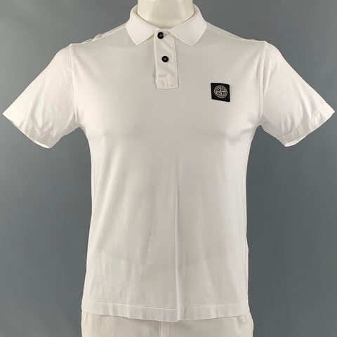 STONE ISLAND Size L White Logo Cotton Buttoned Polo