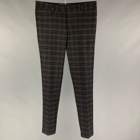THE KOOPLES Size 30 Black Olive Burgundy Plaid Wool Blend Zip Fly Dress Pants