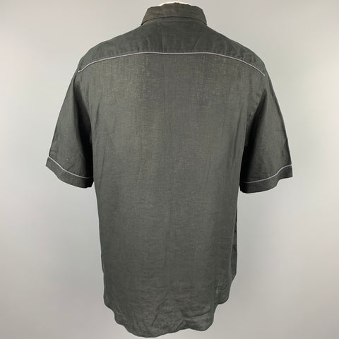 ARMANI COLLEZIONI Size XXL Black Linen Buttoned Short Sleeve Shirt