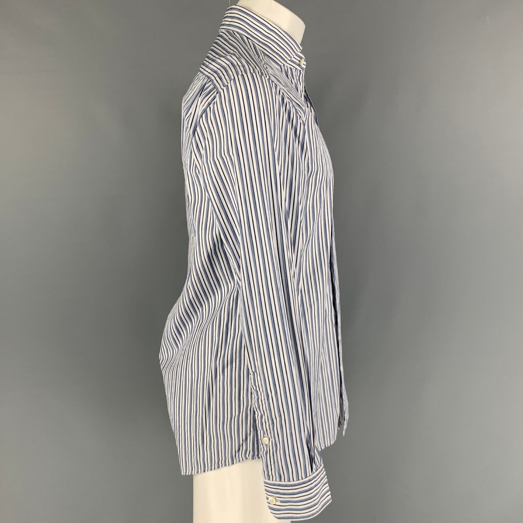 ERMENEGILDO ZEGNA Size M White & Navy Stripe Cotton Long Sleeve Shirt