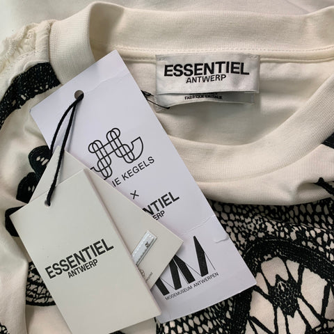 ESSENTIEL Size XL Cream Black Mixed Fabrics Cotton Short Sleeve T-shirt