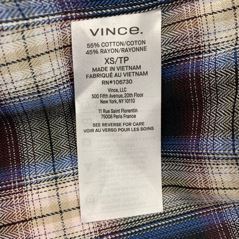 VINCE Camisa de manga larga de rayón de algodón a cuadros multicolor negra talla XS