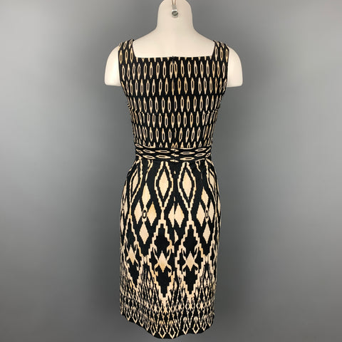DAVID MEISTER Size 2 Black & Beige Ikat Cotton Sleeveless Dress