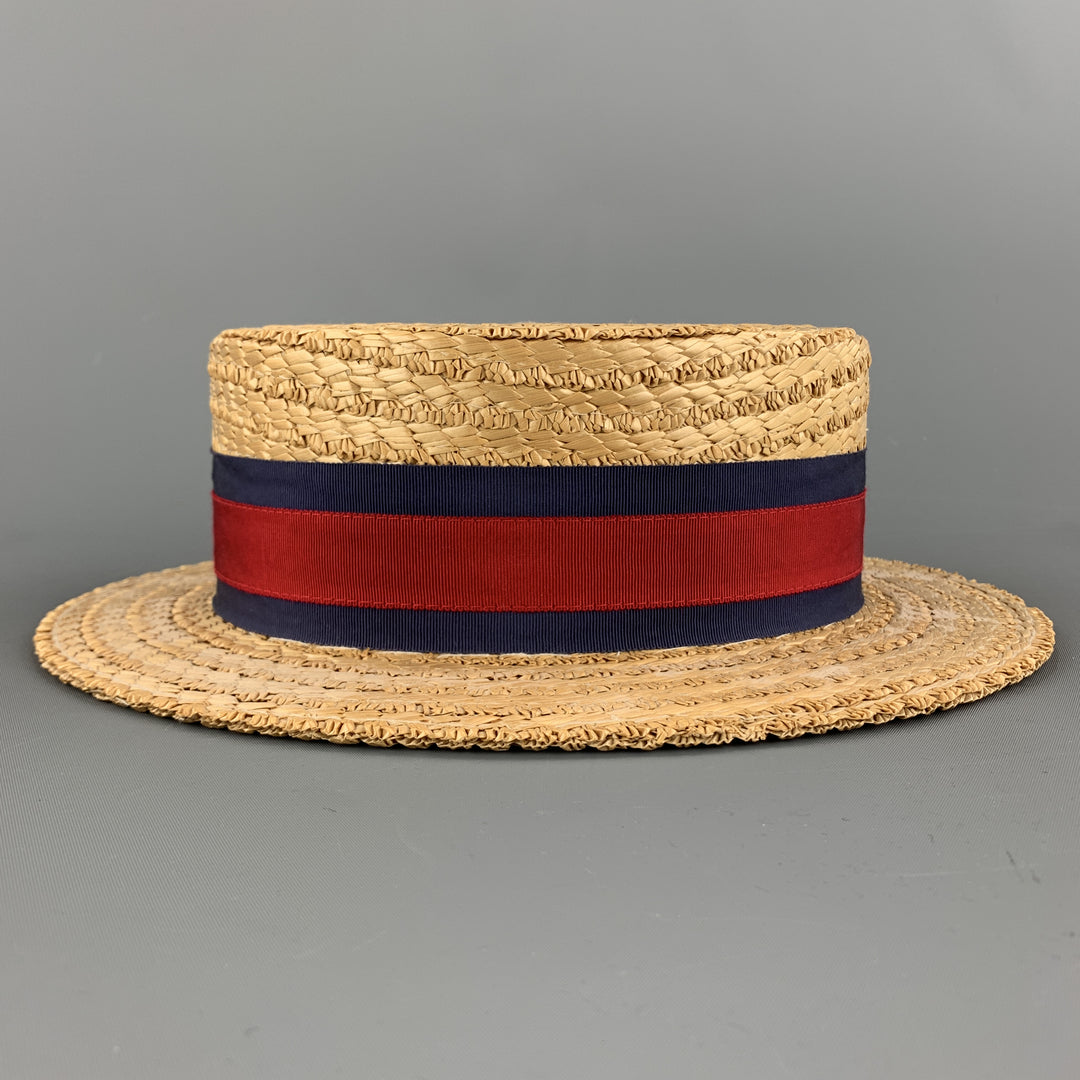 HERBERT JOHNSON Taille 7 1/8 Chapeau de canotier en gros-grain rouge et bleu marine tissé en paille