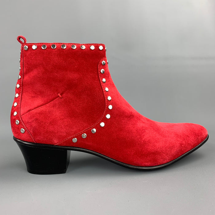 CoSTUME NATIONAL Bottes à fermeture éclair latérale en daim clouté rouge taille 10
