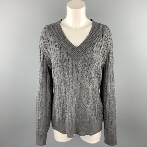 ST. JOHN SPORT Taille L Pull Col V en Laine Mélangée Torsadée Grise