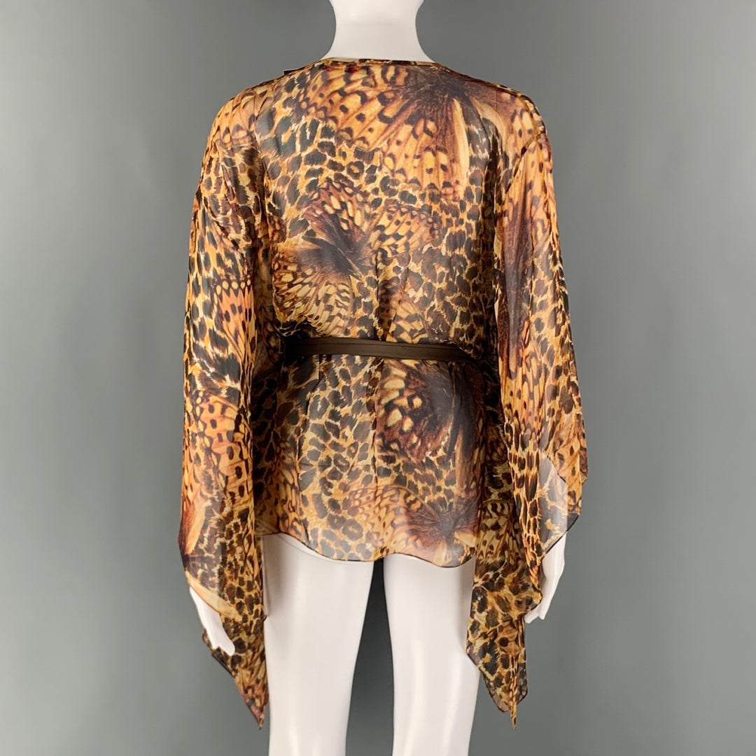 MATTHEW WILLIAMSON Size 6 Brown Yellow Silk Butterflies Belted Casual Top