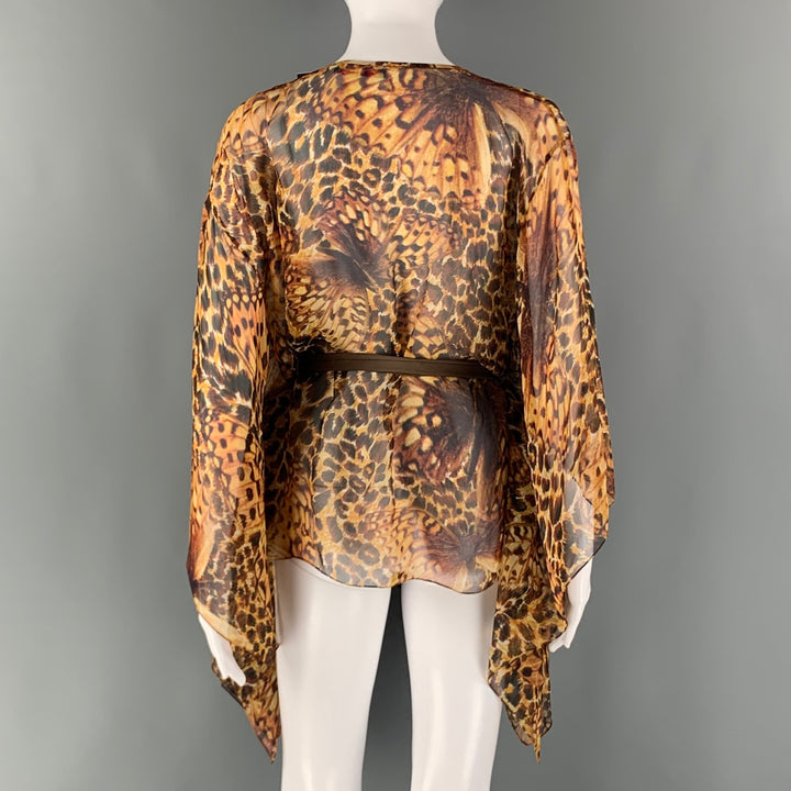 MATTHEW WILLIAMSON Size 6 Brown Yellow Silk Butterflies Belted Casual Top
