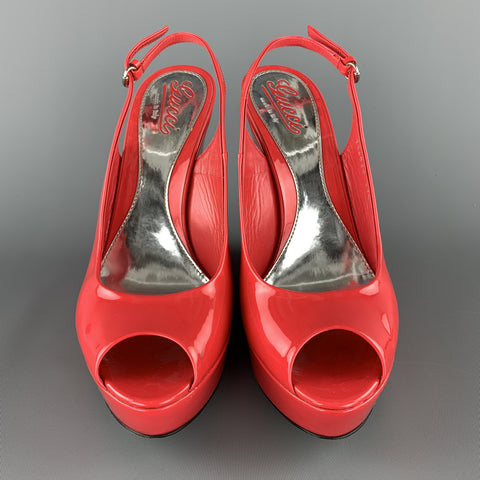 GUCCI Tamaño 9.5 Cuñas sin talón con plataforma de charol rojo coral Peep Toe
