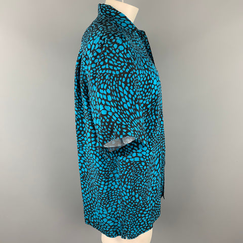 BRIONI for NEIMAN MARCUS Size M Aqua & Black Print Rayon Button Up Short Sleeve Shirt