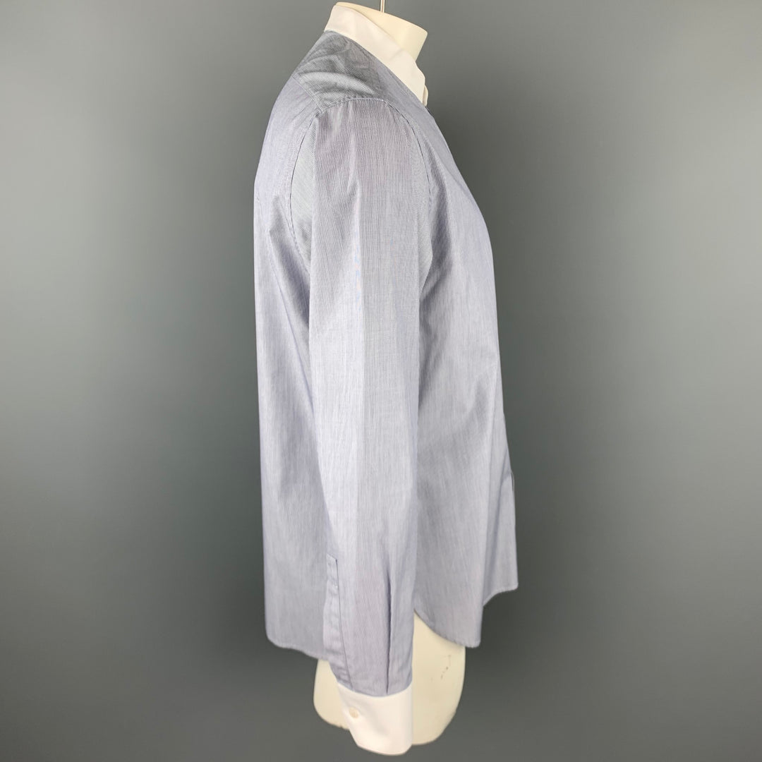 SAINT LAURENT Taille L Chemise à manches longues en coton à fines rayures bleu marine et blanc