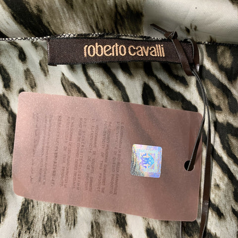 ROBERTO CAVALLI Size 2 Olive Black & White Silk Animal Print Sleeveless Blouse