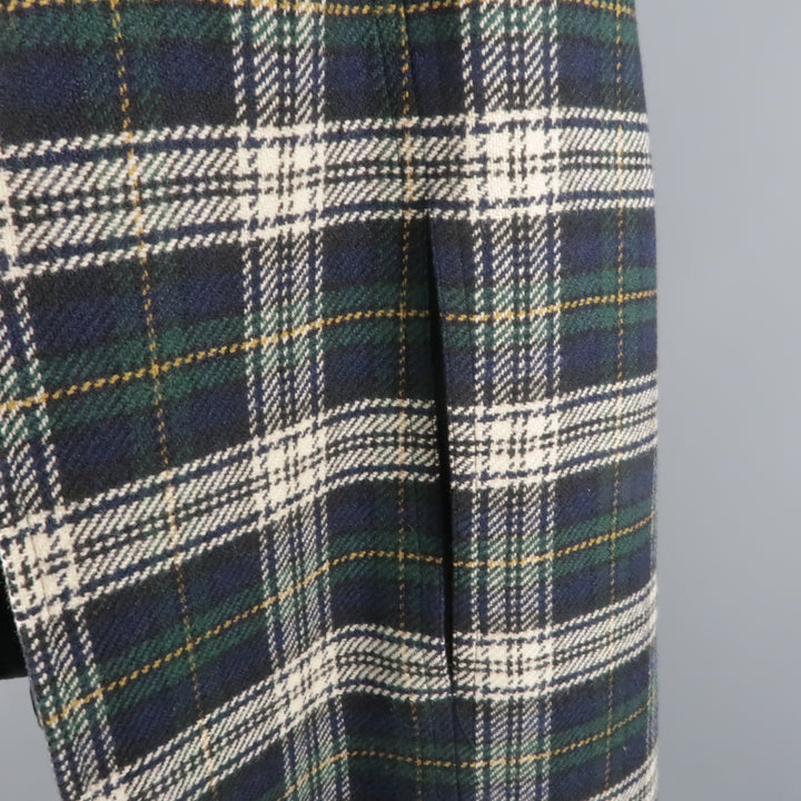 SAINT LAURENT Size 8 Blue & Green Plaid Wool Hooded Cape