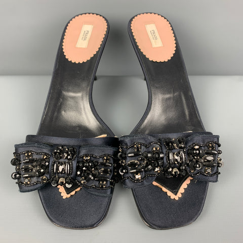 Sandalias tipo chinelas con lazo de seda azul marino PRADA Talla 6.5