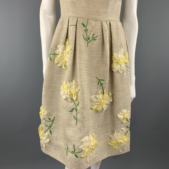 OSCAR DE LA RENTA Size 0 Taupe Woven Yellow Silk Flower Fit Flair Dress
