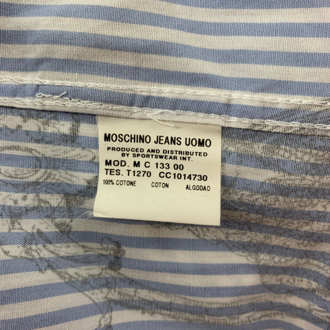 Vintage MOSCHINO JEANS Size L Blue Black White Print Cotton Ruffle Long Sleeve Shirt