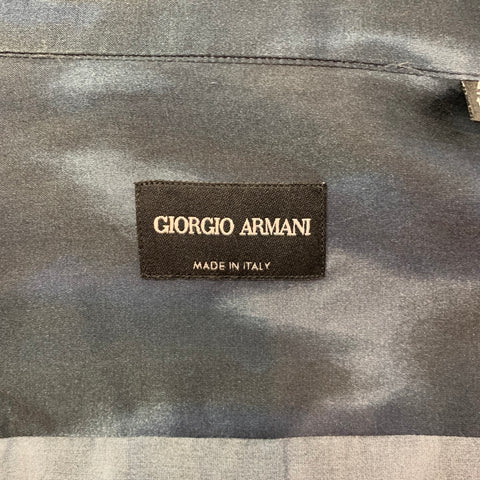 GIORGIO ARMANI Size M Black & Blue Print Silk / Cotton Long Sleeve Shirt
