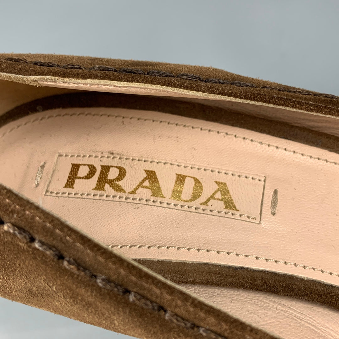 PRADA Size 8.5 Brown Suede Contrast Stitch Platform Pumps