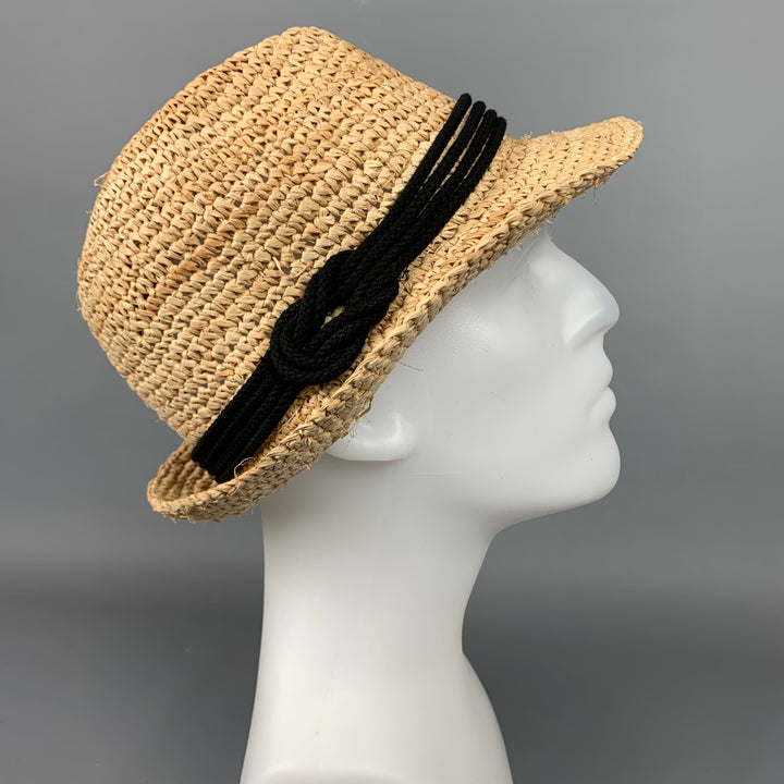 TRACY WATTS Natural & Black Woven Raffia Fedora Hat