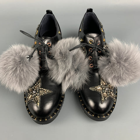 IVY KIRZHNER Size 7.5 Black & Silver Leather Rhinestones Pom Pom Barnum Laces