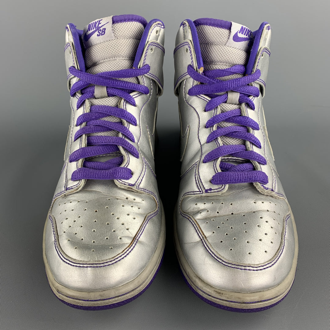 NIKE SB "Dinosaur Jr." Size 8.5 Silver & Purple Metallic Leather High Top Sneakers