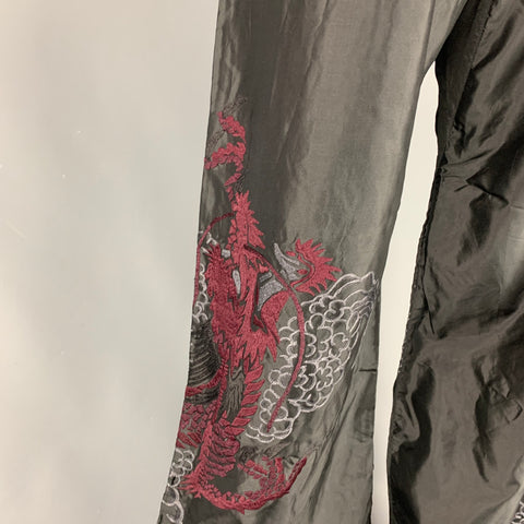 GUCCI by TOM FORD 2001 XL Black Dragon Embroidered Silk Wide Leg Karate Pants