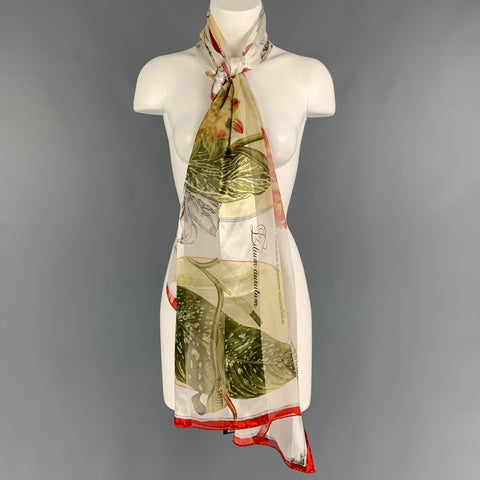GIANFRANCO FERRE White Red Green Botanical Floral Silk Overszied Scarf