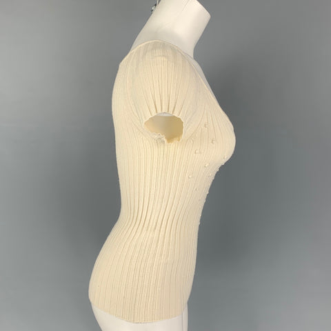 VALENTINO Size S Cream Viscose Polyester Ribbed Cap Sleeves Top