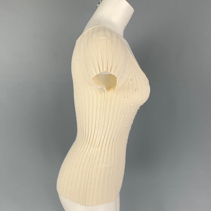 VALENTINO Size S Cream Viscose Polyester Ribbed Cap Sleeves Top