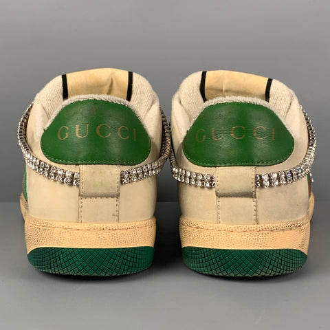 GUCCI Size 8.5 Off White Green Distressed Leather Crystal Screener Sneakers