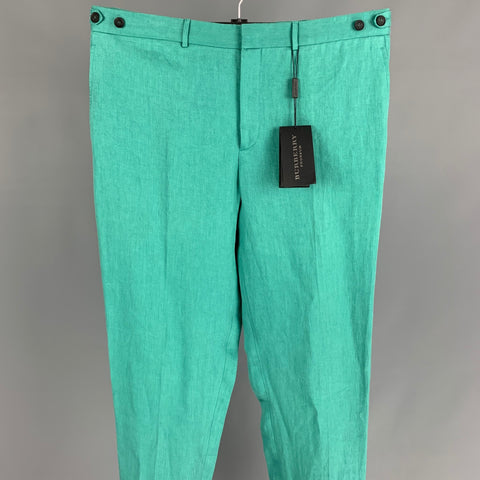 BURBERRY PRORSUM Spring 2015 Size 34 Aqua Green Linen Flat Front Dress Pants