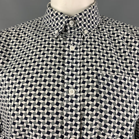 SATURDAYS NYC Size L White, Black &  Grey Geometric Cotton Long Sleeve Shirt