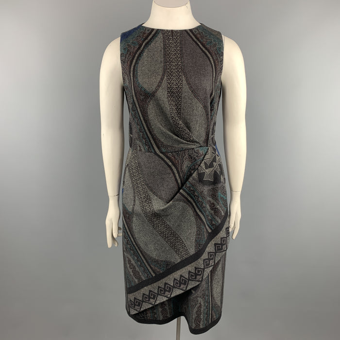 ETRO Size 12 Grey Printed Wool Blend Sleeveless Drape Shift Dress