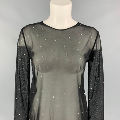 NORMA KAMALI Size XS Black See Through Nylon Rhinestones Blouse