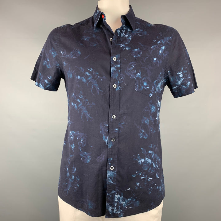 PS by PAUL SMITH Size L Navy & Blue Print Cotton Button Down Short Sleeve Shirt