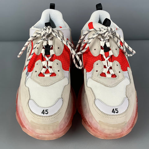 BALENCIAGA Size 12 White Red Mixed Materials Lace Up Triple S Sneakers