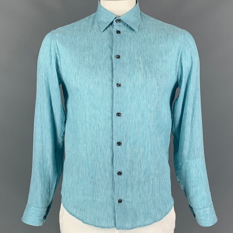 ARMANI COLLEZIONI Size M Aqua & White Pinstripe Linen / Cotton Long Sleeve Shirt