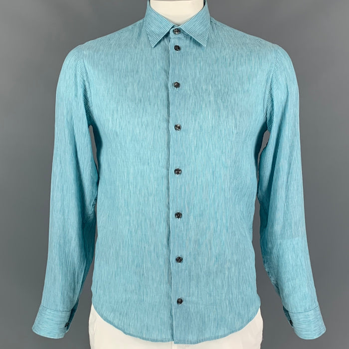 ARMANI COLLEZIONI Talla M Camisa de manga larga de lino / algodón a rayas blancas y aguamarina