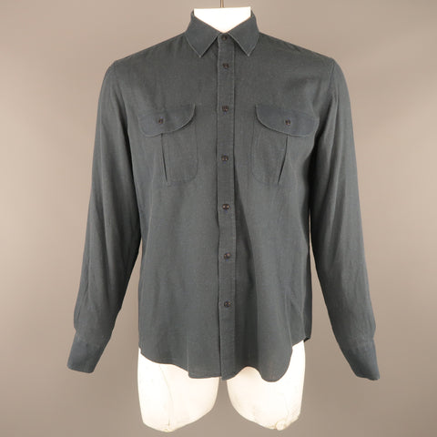 ADAM KIMMEL Size L Navy Speckled Cotton Button Up Long Sleeve Shirt