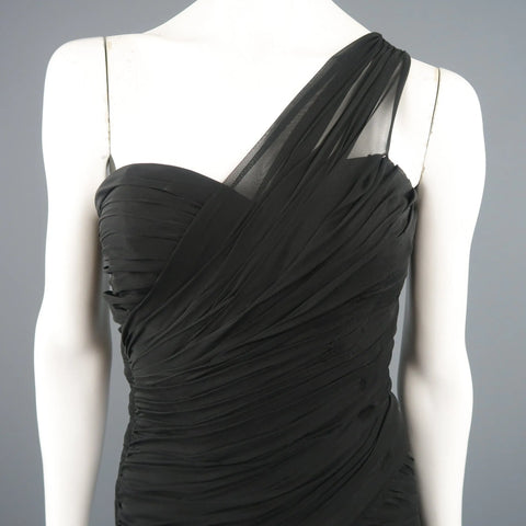 ADELE SIMPSON Size 8 Black Pleated Silk One Shoulder Sweetheart Cocktail Dress ADELE SIMPSON