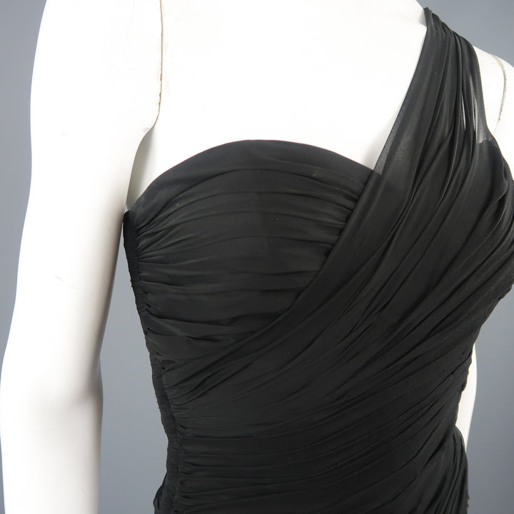 ADELE SIMPSON Size 8 Black Pleated Silk One Shoulder Sweetheart Cocktail Dress