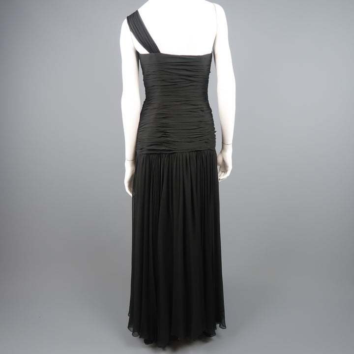 ADELE SIMPSON Size 8 Black Pleated Silk One Shoulder Sweetheart Cocktail Dress