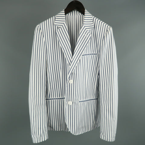 AGNES B. HOMME 36 White & Blue Stripe Polyester Cotton Notch Lapel  Sport Coat