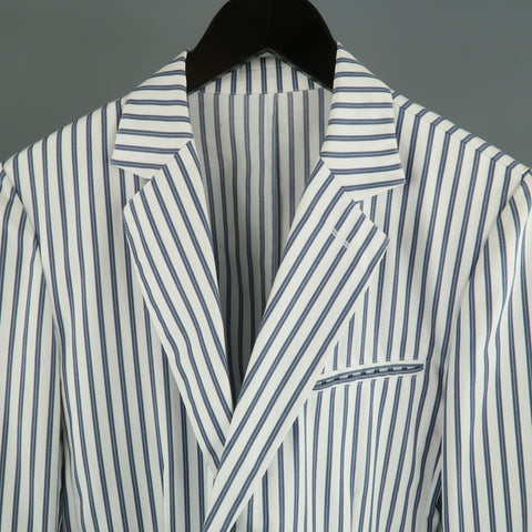 AGNES B. HOMME 36 White & Blue Stripe Polyester Cotton Notch Lapel  Sport Coat