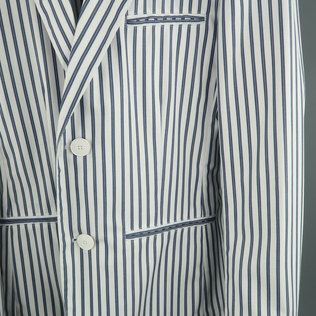 AGNES B. HOMME 36 White & Blue Stripe Polyester Cotton Notch Lapel  Sport Coat