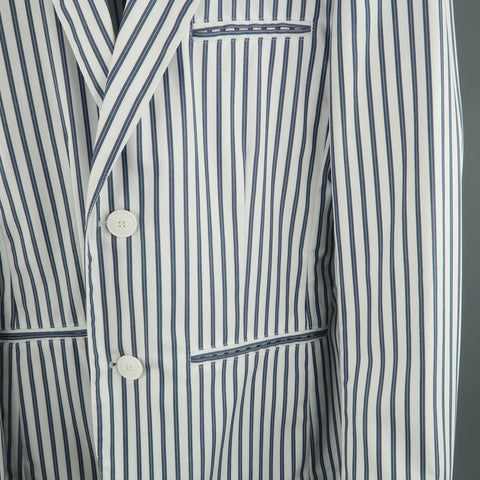 AGNES B. HOMME 36 White & Blue Stripe Polyester Cotton Notch Lapel  Sport Coat